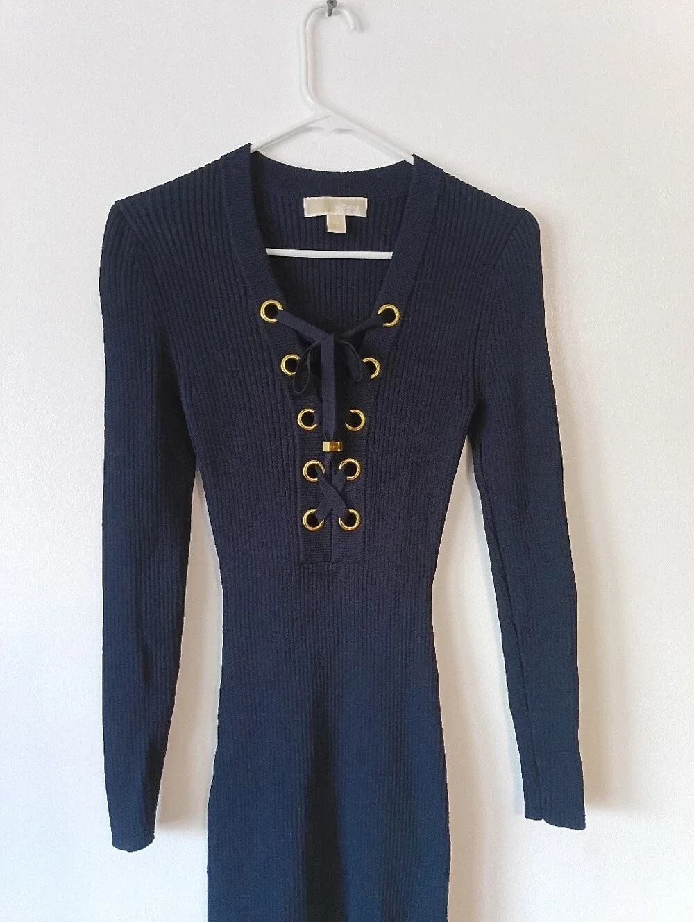 Michael Kors Ribbed Lace-Up Long Sleeve Dress Navy Size XS